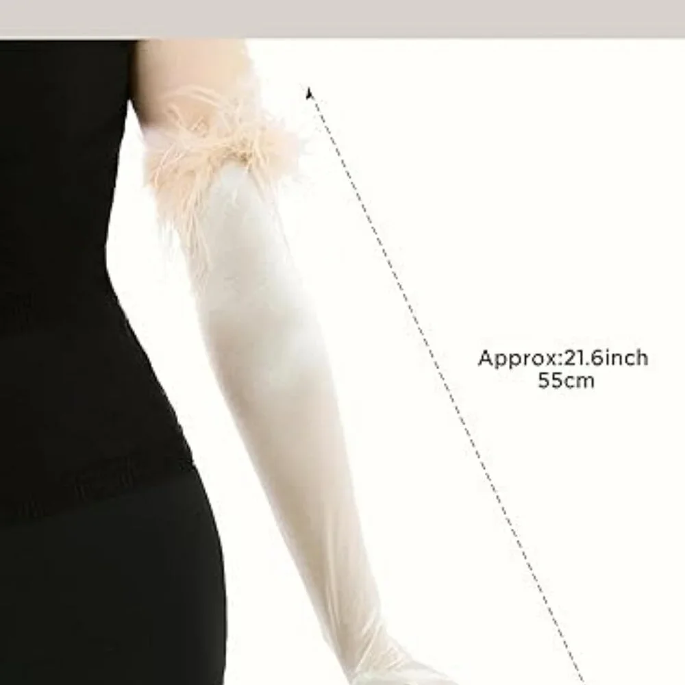 Women's Evening Cream Feather Long Satin Gloves Stretchy Elbow Halloween Costume